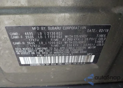 2019 Subaru Outback 2.5I Premium from USA, damaged, VIN 4S4BSAHC3K3314147